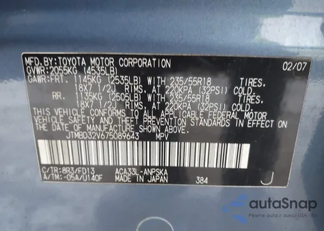 2007 Toyota Rav4 Sport from USA, damaged, VIN JTMBD32V675089643